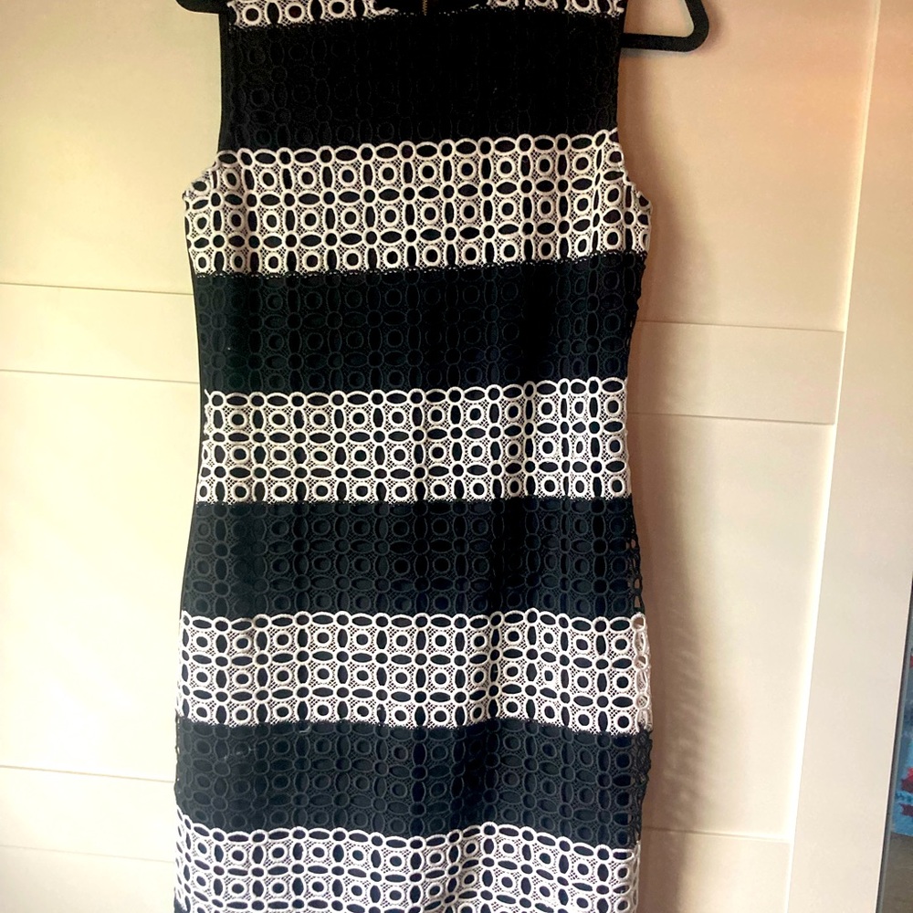 Black and white sheath cocktail dress with embroidered detail